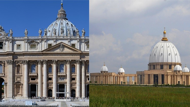 La Basílica de San Pedro del Vaticano (izquierda) y la Basílica de Nuestra Señora de la Paz de Yamusukro, en Costa de Marfil.