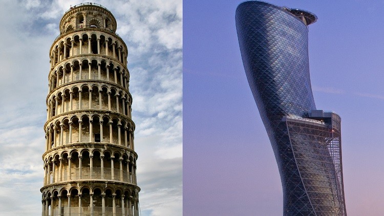 La torre de Pisa (izquierda) y el rascacielos Capital Gate (derecha).