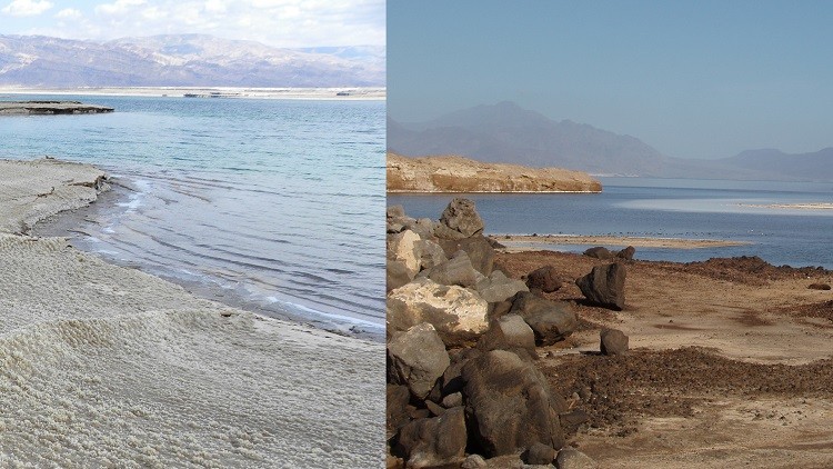El mar Muerto (izquierda) y el lago Assal (derecha).