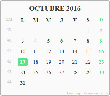 Festivos Colombia Octubre 2016